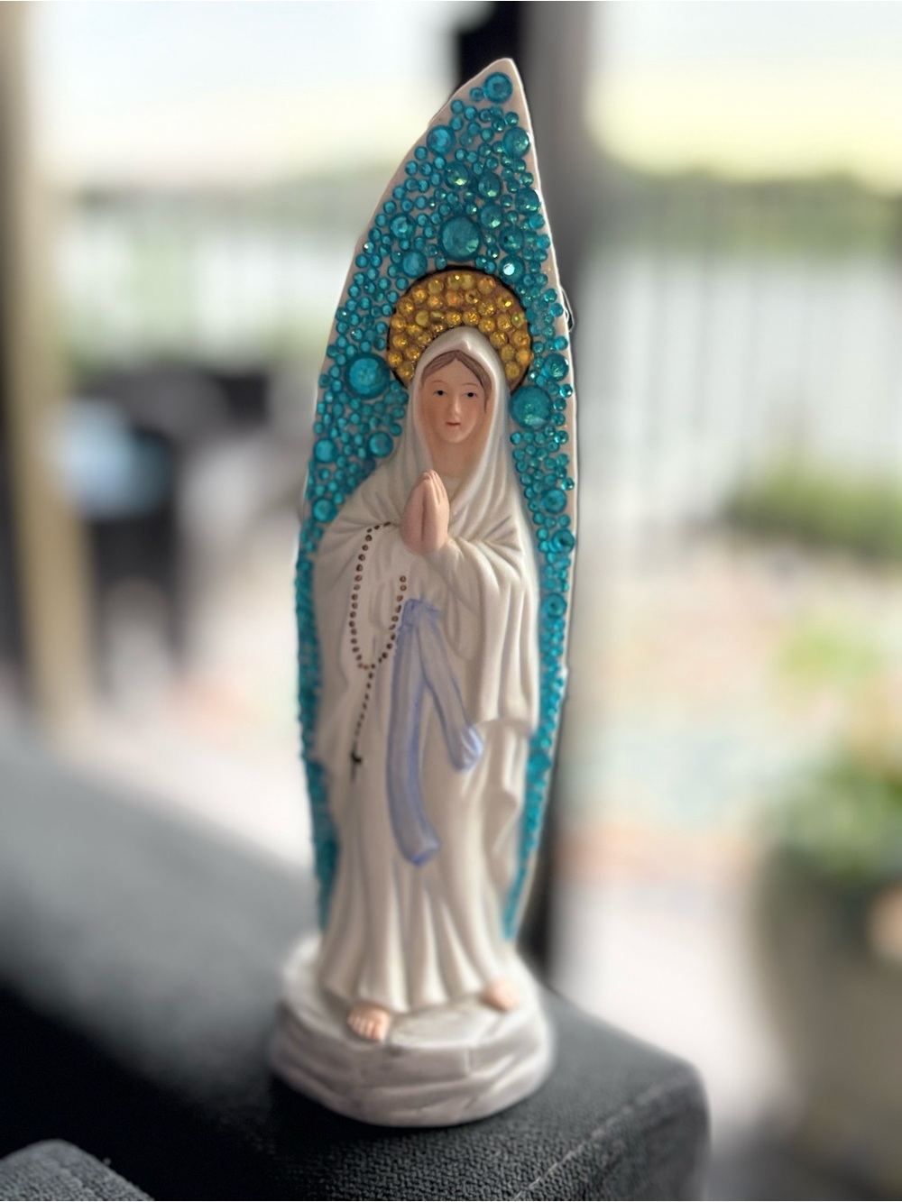 Virgin Mary Statue with Turquoise and Gold Accents